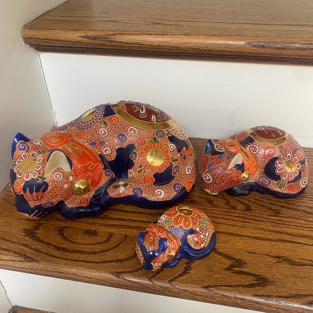 Decorative Blue and Orange Cat Figurine Set